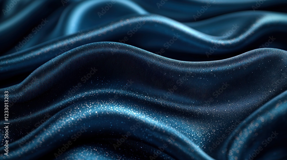 Shimmering blue fabric draped, sparkles on folds, dark background Shimmering blue fabric draped, sparkles on folds, dark background