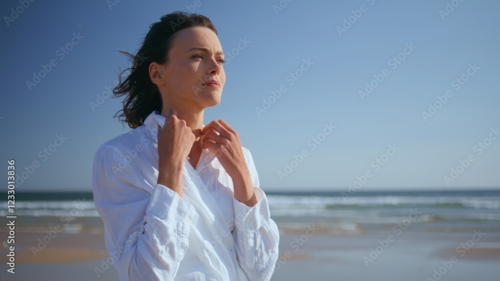 Dreamy woman looking ocean view standing on sandy beach closeup. Dreamy woman Dreamy woman looking ocean view standing on sandy beach closeup. Dreamy woman