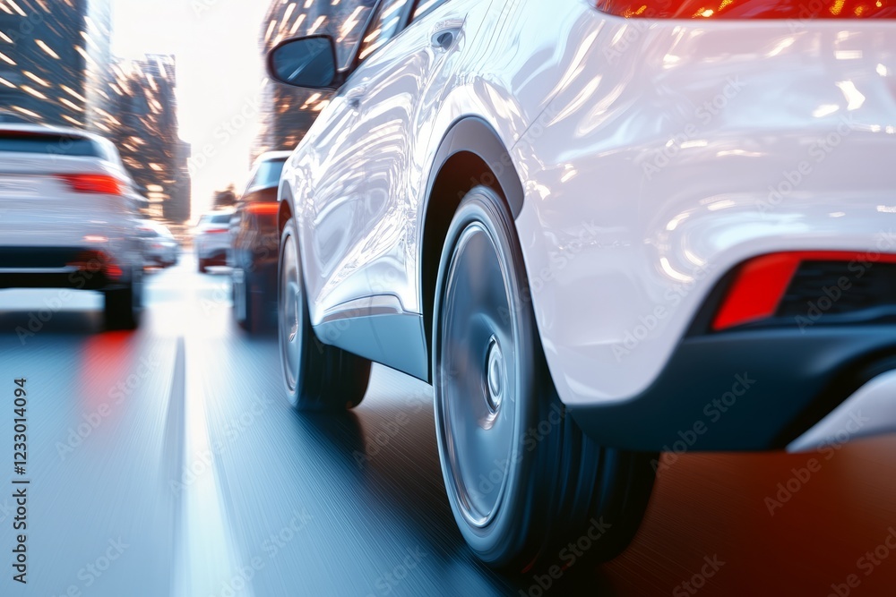 Close-up of a speeding car in city traffic, motion blur effect emphasizing movement and speed Close-up of a speeding car in city traffic, motion blur effect emphasizing movement and speed