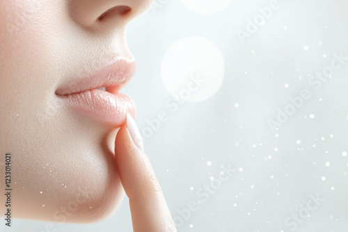 Close-Up of Woman's Finger on Soft Lip with Gentle Snowflakes Background
