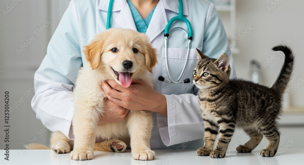 Puppy and kitten at vet check. Pet care with veterinarian holding golden retriever puppy and tabby kitten Puppy and kitten at vet check. Pet care with veterinarian holding golden retriever puppy and tabby kitten