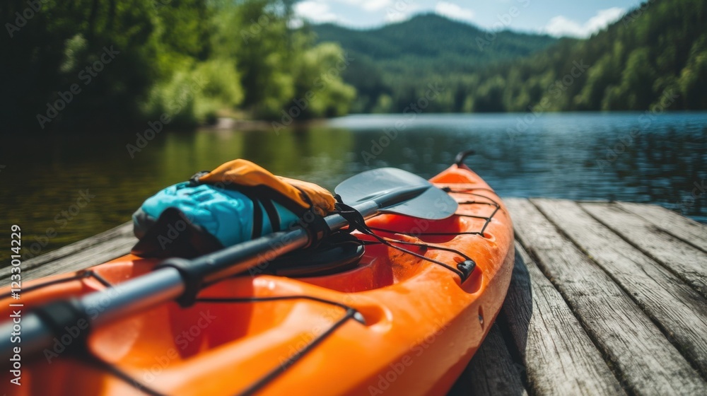 Obraz premium Water sports equipment on a lakeside dock. Featuring a kayak, paddle, and life jacket. Highlighting the activity of water sports. Ideal for adventure blogs and water sports guides.