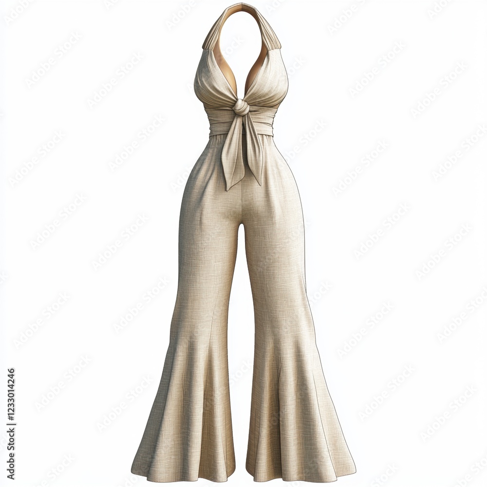 Breezy linen jumpsuit with wide-leg pants and a halter neckline, isolated on a clean white background Breezy linen jumpsuit with wide-leg pants and a halter neckline, isolated on a clean white background