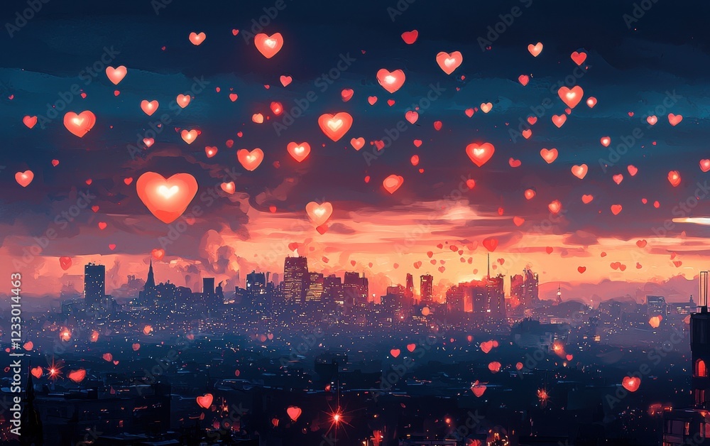 Fototapeta premium A romantic city skyline with thousands of glowing heart-shaped lanterns floating in the air, breathtaking love scene for Saint Valentines Day