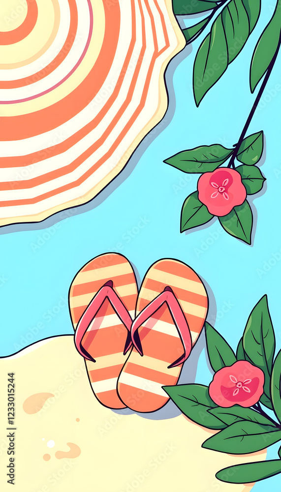 Fototapeta premium Beach Accessories In Minimal Colorful Design - Flip-flops And Towel With Striped hat And Tropical Leaves, comic art, with white tones