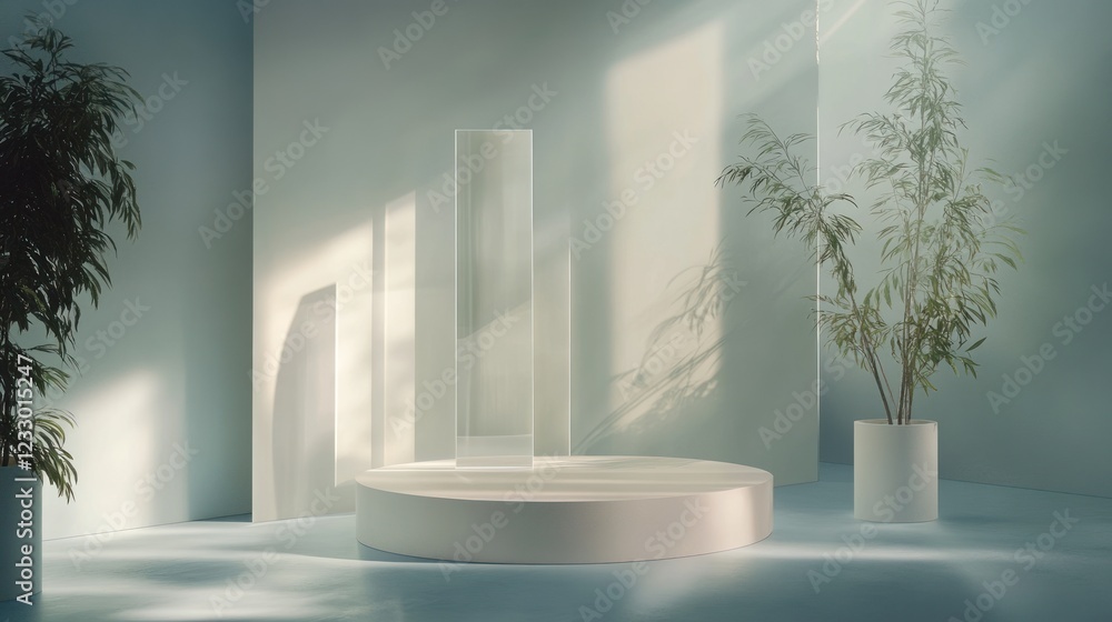 Minimalist product display with plants and sunlight. Minimalist product display with plants and sunlight.