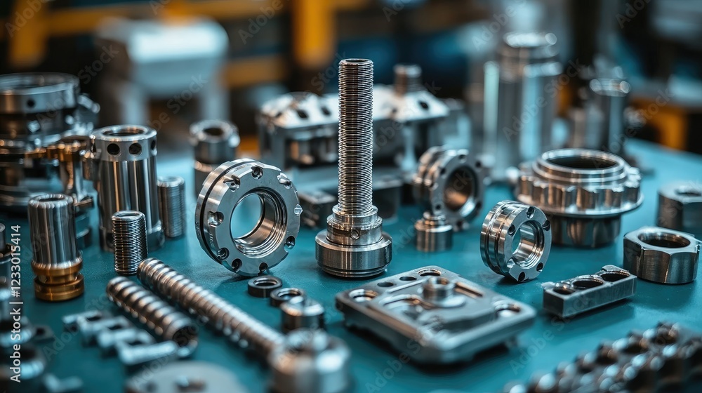 Precision machined metal parts displayed on a teal surface Precision machined metal parts displayed on a teal surface
