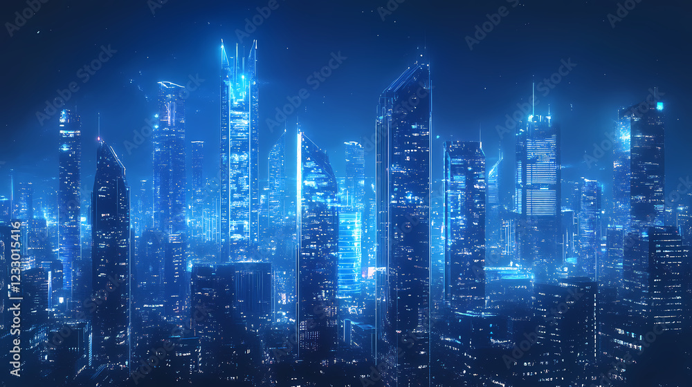Fototapeta premium A futuristic city skyline at night with illuminated skyscrapers and a vibrant urban landscape glowing in shades of blue. Shaded Horizon. Illustration