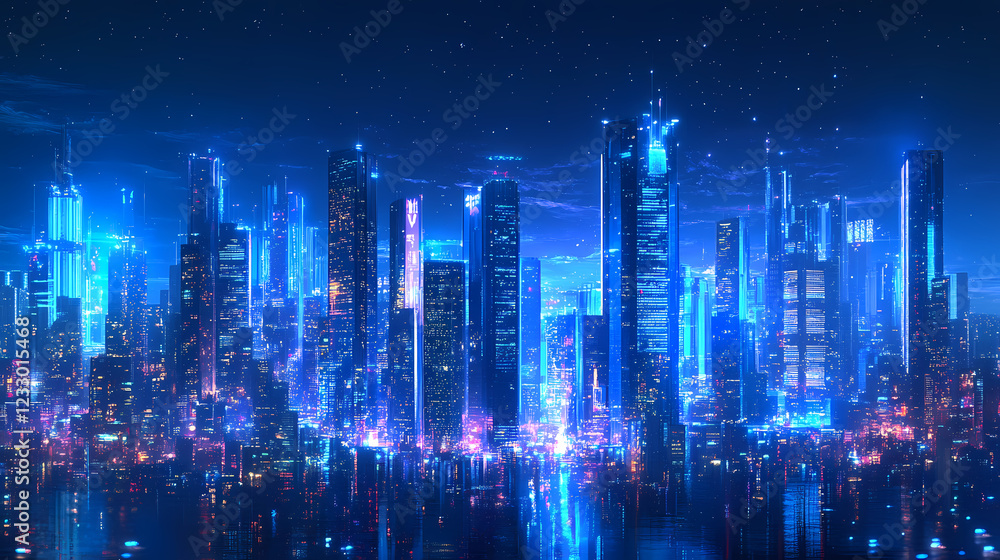 A futuristic city skyline at night with illuminated skyscrapers and a vibrant urban landscape glowing in shades of blue. Shaded Horizon. Illustration