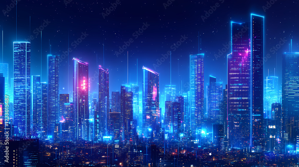 A futuristic city skyline at night with illuminated skyscrapers and a vibrant urban landscape glowing in shades of blue. Shaded Horizon. Illustration A futuristic city skyline at night with illuminated skyscrapers and a vibrant urban landscape glowing in shades of blue. Shaded Horizon. Illustration