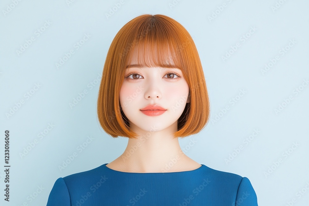 Japanese woman with short sleek orange bob haircut and bangs, wearing a blue dress, pastel blue background, modern studio portrait, minimalist and stylish composition, natural beauty concept
Japanese woman with short sleek orange bob haircut and bangs, wearing a blue dress, pastel blue background, modern studio portrait, minimalist and stylish composition, natural beauty concept