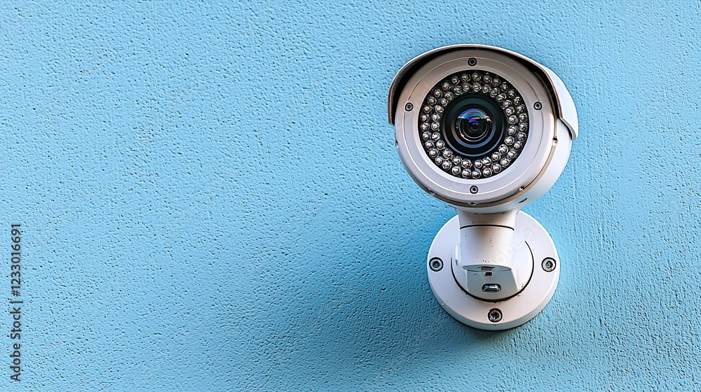 Security camera mounted on a vibrant blue wall, observing the surroundings quietly Security camera mounted on a vibrant blue wall, observing the surroundings quietly