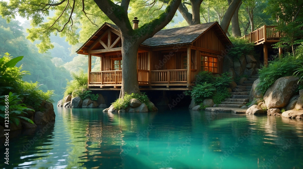 Serene treehouse retreat nestled in dense forest with wooden deck, mossy rooftop, and crystal-clear reflective pond Serene treehouse retreat nestled in dense forest with wooden deck, mossy rooftop, and crystal-clear reflective pond