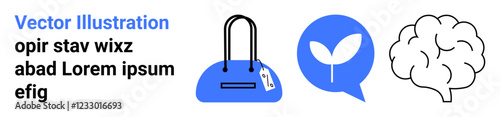 Blue handbag with tag, blue speech bubble with white leaf, and black and white brain icon. Ideal for e-commerce, eco-friendly, communication, creativity, mental health, branding educational content