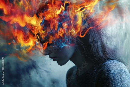 Headache. This artwork explores chaotic thoughts and anxiety through vivid colors and abstract forms The turbulent visuals depict an inner struggle merging vibrancy with turbulence symbolizing unrest