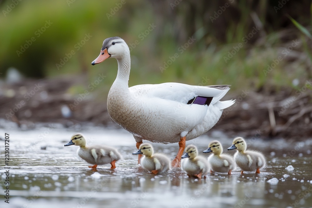 Ducklings waddle closely behind their mother as they traverse a tranquil pond. The scene captures the essence of nature and family bonding in soft afternoon light Ducklings waddle closely behind their mother as they traverse a tranquil pond. The scene captures the essence of nature and family bonding in soft afternoon light