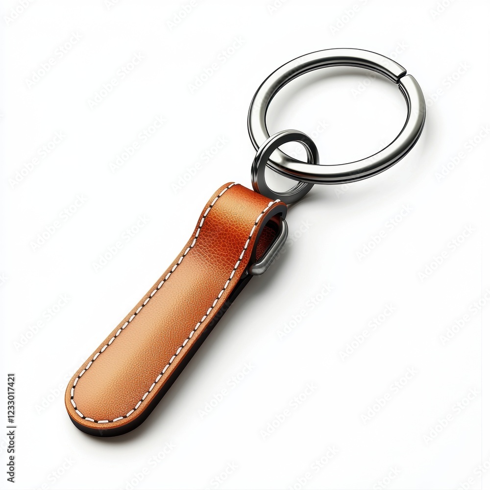 Compact keychain with a leather fob and metal hook, placed on a bright white background Compact keychain with a leather fob and metal hook, placed on a bright white background