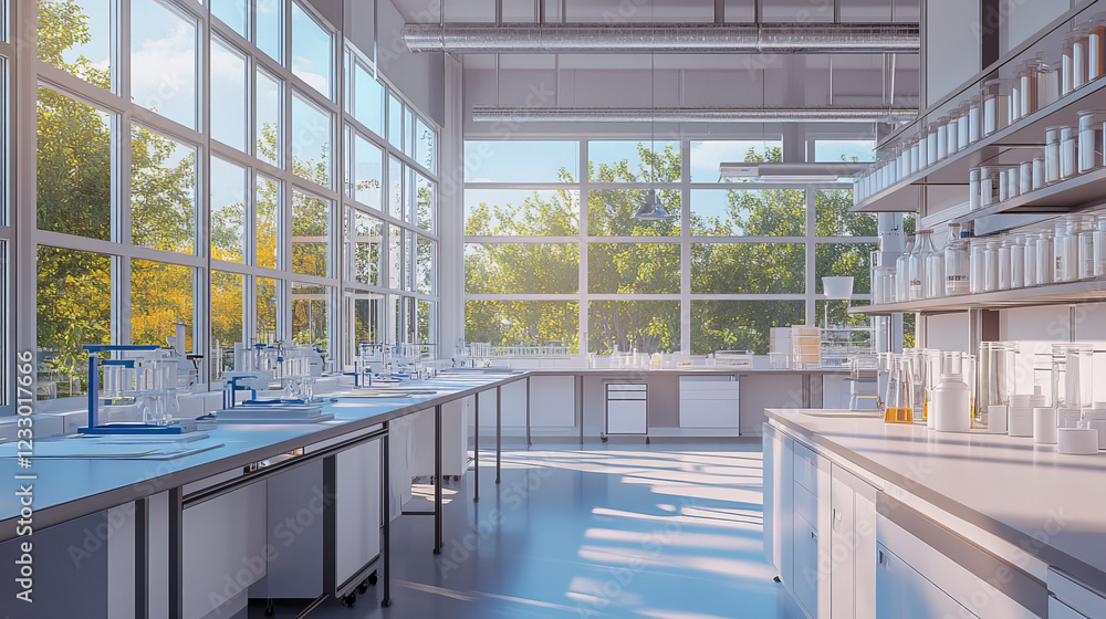 Fototapeta premium modern white laboratory building interior with windows and working space 3d render illustration