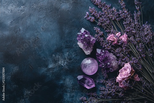 Enchanting Amethyst Gemstones with Delicate Rose Quartz and Lavender Blossoms for Healing and Reiki