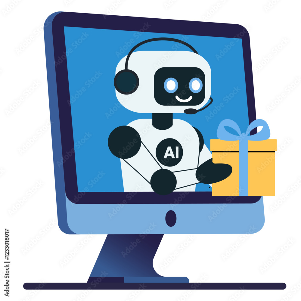 Illustration chat bot with gift from monitor screen. Holiday help assistance, artificial intelligence support device. Vector illustration isolated on transparent background. Illustration chat bot with gift from monitor screen. Holiday help assistance, artificial intelligence support device. Vector illustration isolated on transparent background.