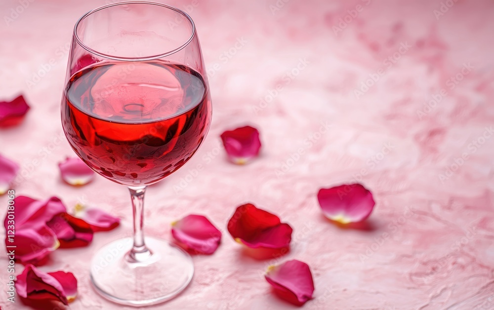 A glass of rose wine with scattered rose petals on a soft pink background, romantic drink for Saint Valentines Day A glass of rose wine with scattered rose petals on a soft pink background, romantic drink for Saint Valentines Day