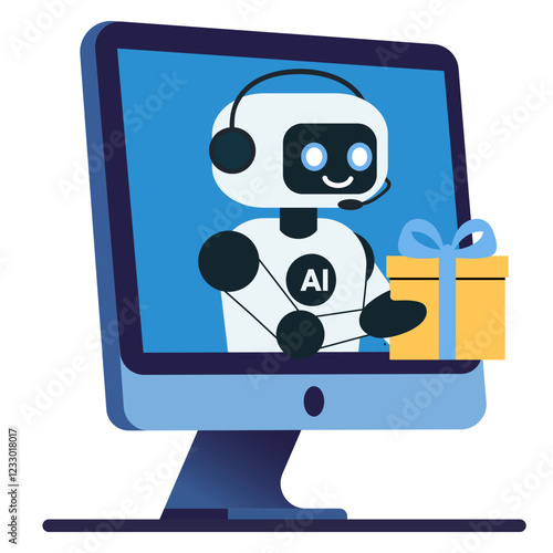 Illustration chat bot with gift from monitor screen. Holiday help assistance, artificial intelligence support device. Vector illustration isolated on transparent background.