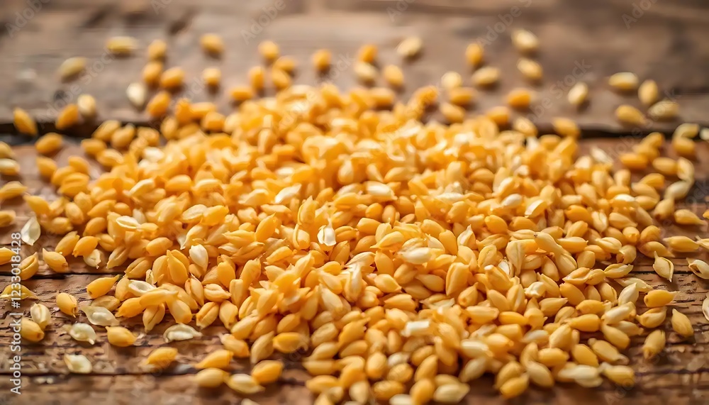 Golden Grains Scattered On Rustic Wooden Surface Golden Grains Scattered On Rustic Wooden Surface