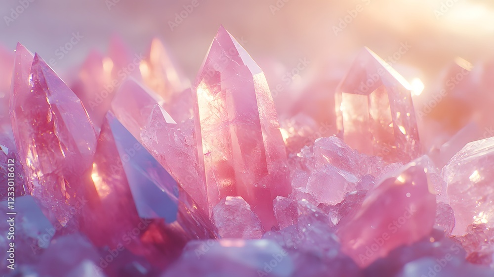 A Dreamy Landscape of Shimmering Rose Quartz Crystals Against a Soft Pastel Background A Dreamy Landscape of Shimmering Rose Quartz Crystals Against a Soft Pastel Background