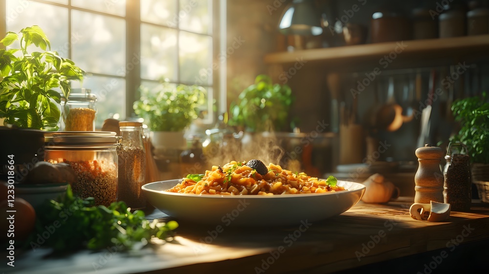 Cozy Kitchen Setting with Freshly Prepared Truffle Pasta and the Aroma of Rich Sauce and Ingredients Cozy Kitchen Setting with Freshly Prepared Truffle Pasta and the Aroma of Rich Sauce and Ingredients