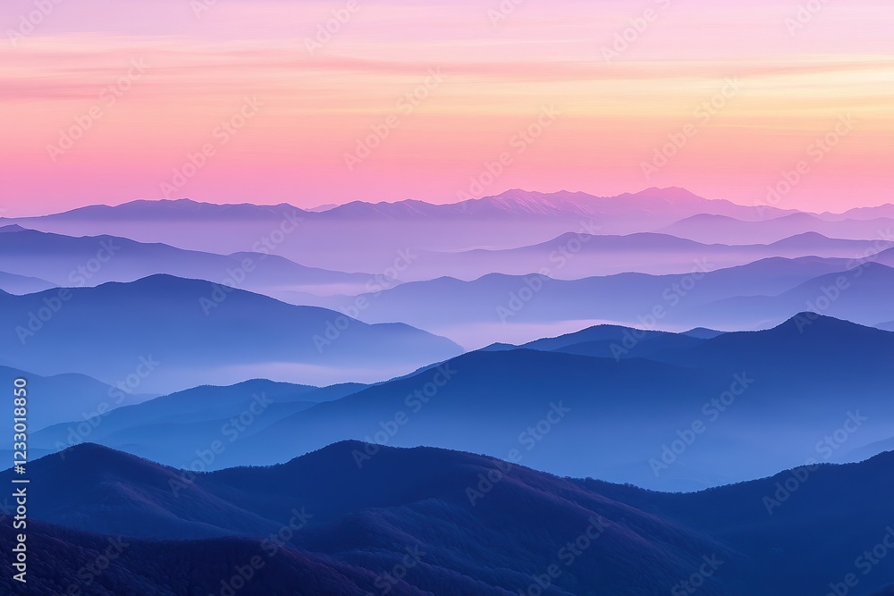 Vast mountain range at sunrise, misty layers of peaks fading into distance, bathed in soft pink, orange, and lavender hues, creating breathtaking scenery. Vast mountain range at sunrise, misty layers of peaks fading into distance, bathed in soft pink, orange, and lavender hues, creating breathtaking scenery.