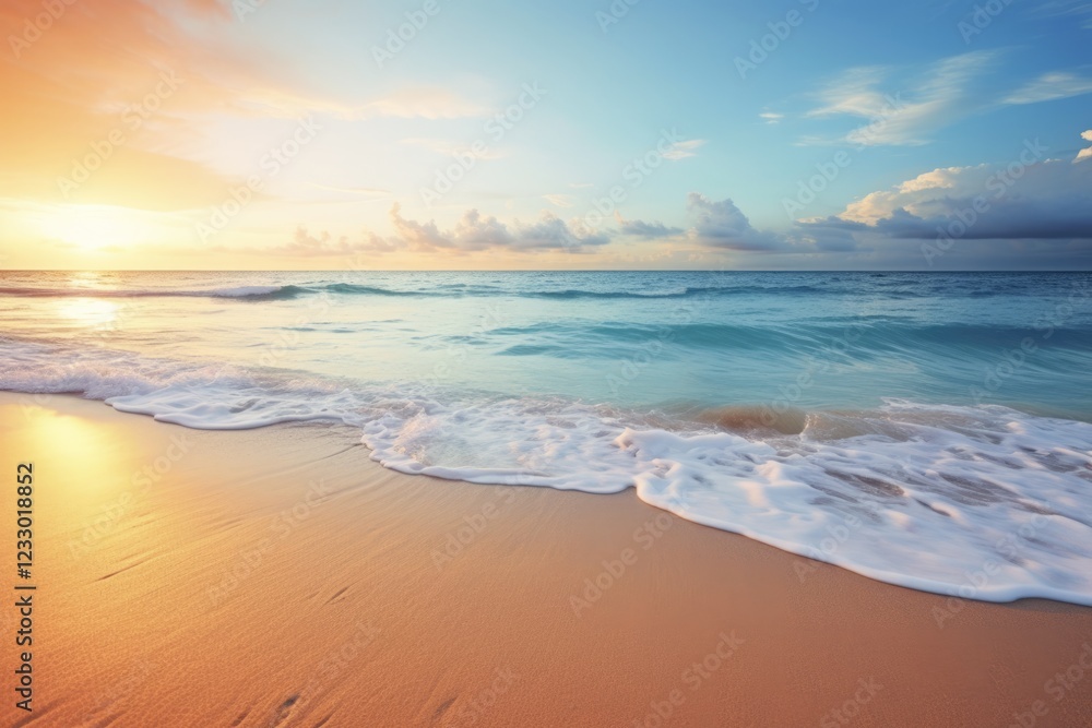 Obraz premium Panoramic Beach Landscape with Calm Caribbean Atmosphere at Dawn. Inspiring Caribbean Seascape with Orange and Golden Glow of Sunset Sky