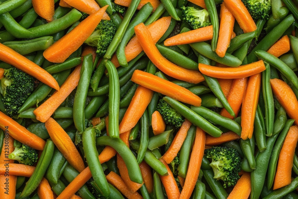 Vibrant Stir-Fry with Fresh Carrots and Green Beans: A Colorful Vegetarian Meal on a Rustic Background Vibrant Stir-Fry with Fresh Carrots and Green Beans: A Colorful Vegetarian Meal on a Rustic Background