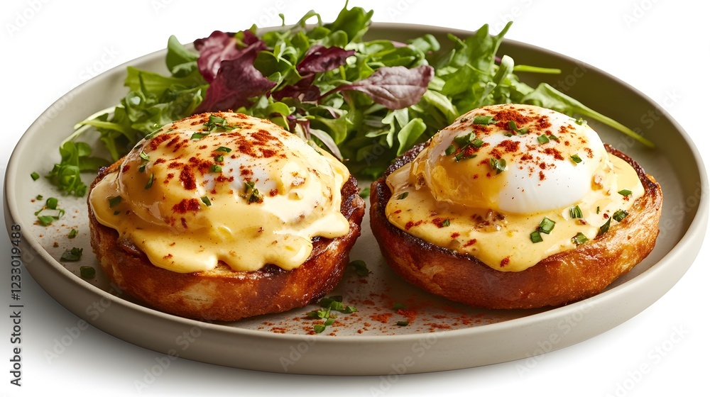 Artistic Presentation of Eggs Benedict: Visual Delight with Poached Perfection, Sprinkled Paprika, and Mixed Greens Artistic Presentation of Eggs Benedict: Visual Delight with Poached Perfection, Sprinkled Paprika, and Mixed Greens