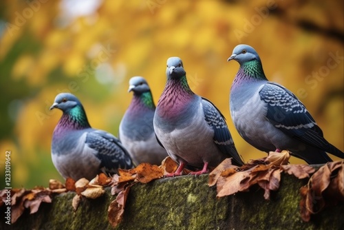 Pidgeons in Autumn Park: Close-up of Beautiful Birds with Blue Background and Beaks photo