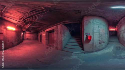 360 degree full panorama environment map of dark industrial concrete basement 3d render illustration hdri hdr vr virtual reality content