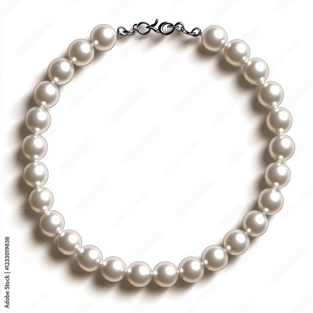 Elegant pearl necklace with a minimalist clasp, centered on a clean white background Elegant pearl necklace with a minimalist clasp, centered on a clean white background