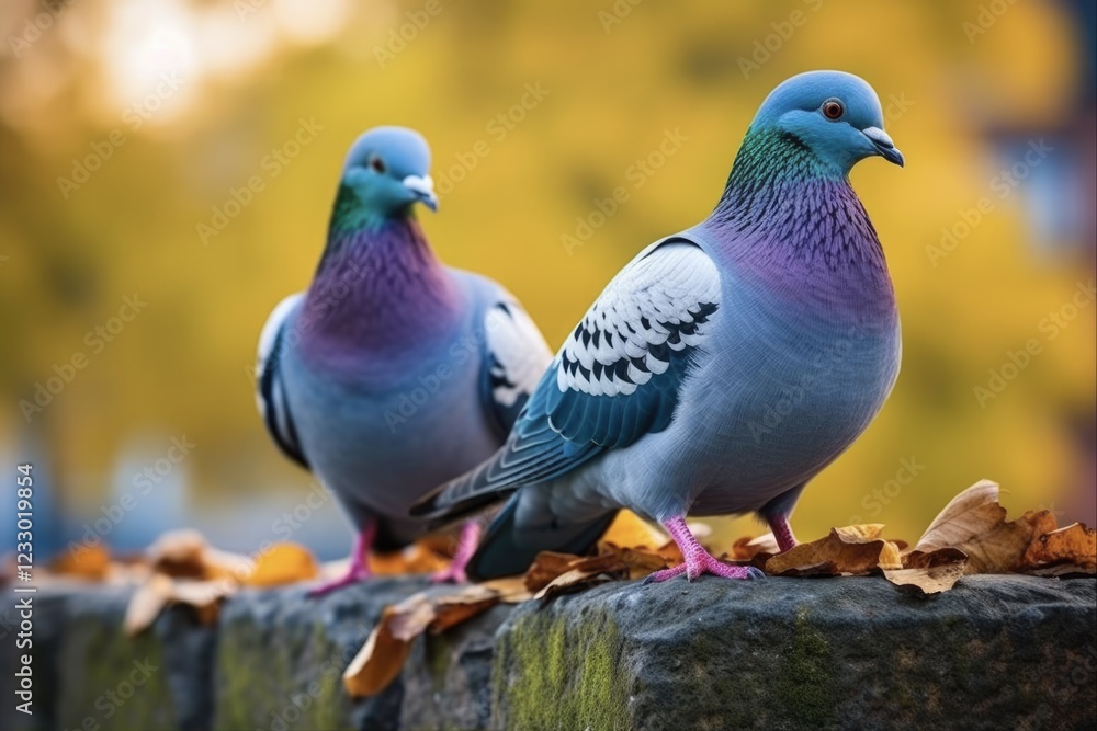 Pigeons Resting on Stone Wall in Autumn Park - Beautiful Bird in City Background Pigeons Resting on Stone Wall in Autumn Park - Beautiful Bird in City Background