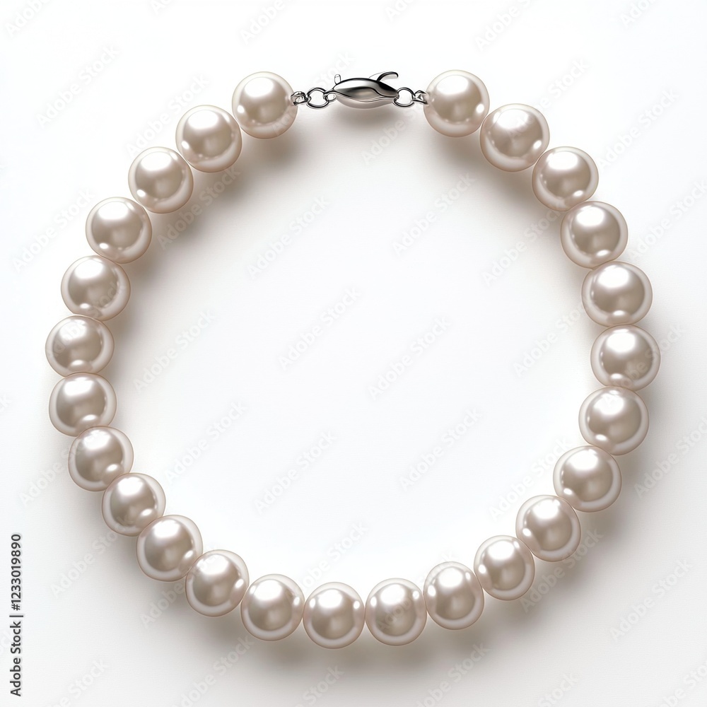 Elegant pearl necklace with a minimalist clasp, centered on a clean white background Elegant pearl necklace with a minimalist clasp, centered on a clean white background