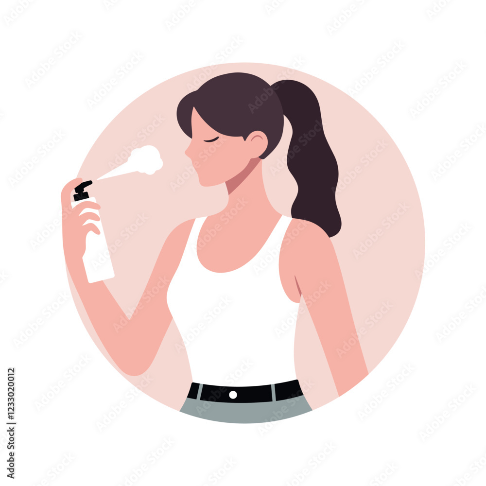 Woman using face mist. Skincare spray product concept. Moisturizing face care cosmetics. Flat vector illustration isolated on white. Woman using face mist. Skincare spray product concept. Moisturizing face care cosmetics. Flat vector illustration isolated on white.