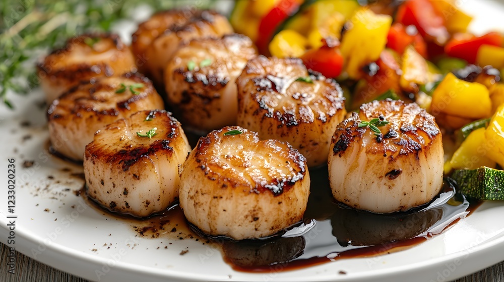 Artistic Close-Up of Seared Scallops Matched with Colorful Ingredients for a Delicious Experience Artistic Close-Up of Seared Scallops Matched with Colorful Ingredients for a Delicious Experience