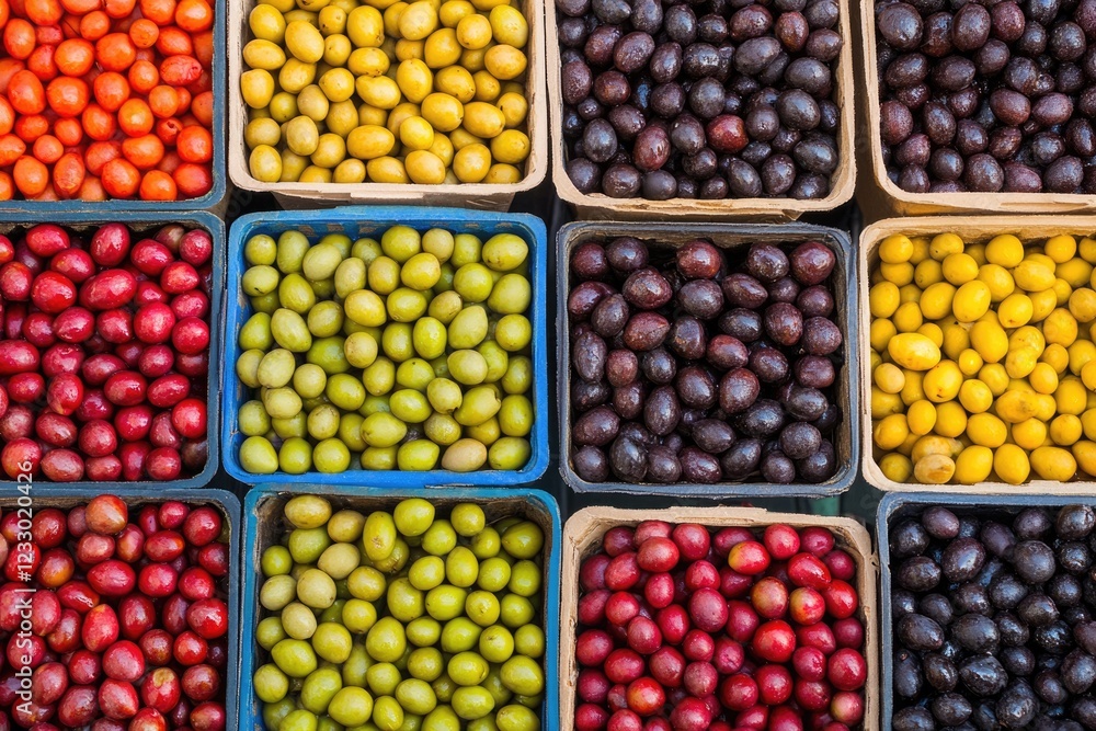 Vibrant Display of Mixed Olives at a Charming Street Market Stall in Dordogne, France Vibrant Display of Mixed Olives at a Charming Street Market Stall in Dordogne, France