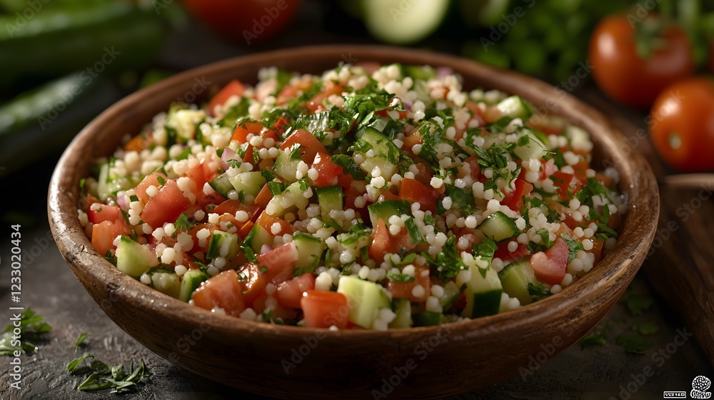 A Beautifully Arranged Couscous Salad Overflowing with Fresh Ingredients and Vibrant Colors A Beautifully Arranged Couscous Salad Overflowing with Fresh Ingredients and Vibrant Colors