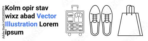 Suitcase filled with clothing, a pair of shoes, and a shopping bag. Ideal for travel planning, fashion, shopping, packing tips, vacation preparation lifestyle blogs retail promotions. Landing page