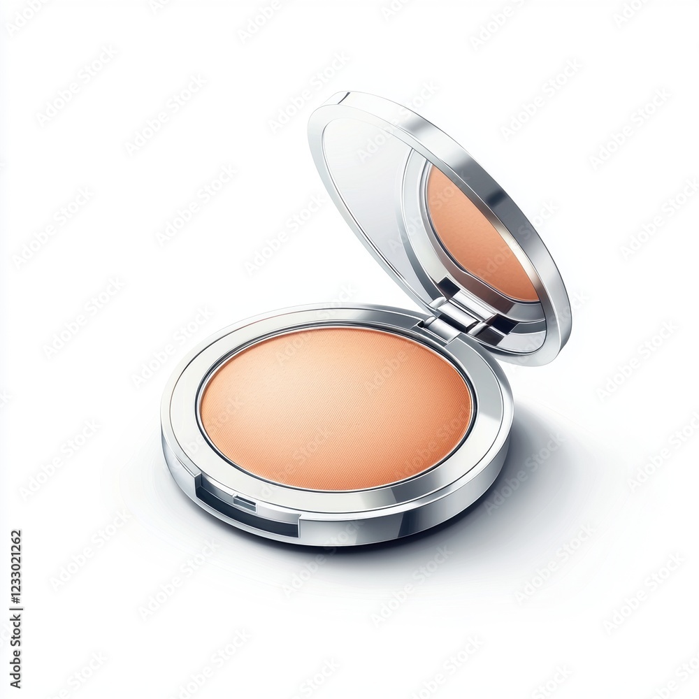 Compact pressed powder case with a built-in mirror and a powder puff, placed on a bright white background Compact pressed powder case with a built-in mirror and a powder puff, placed on a bright white background