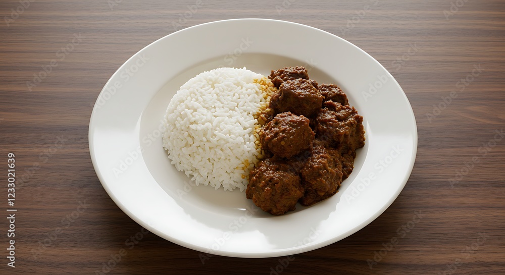 Delicious Beef Rendang with Rice Savory Indonesian Meal