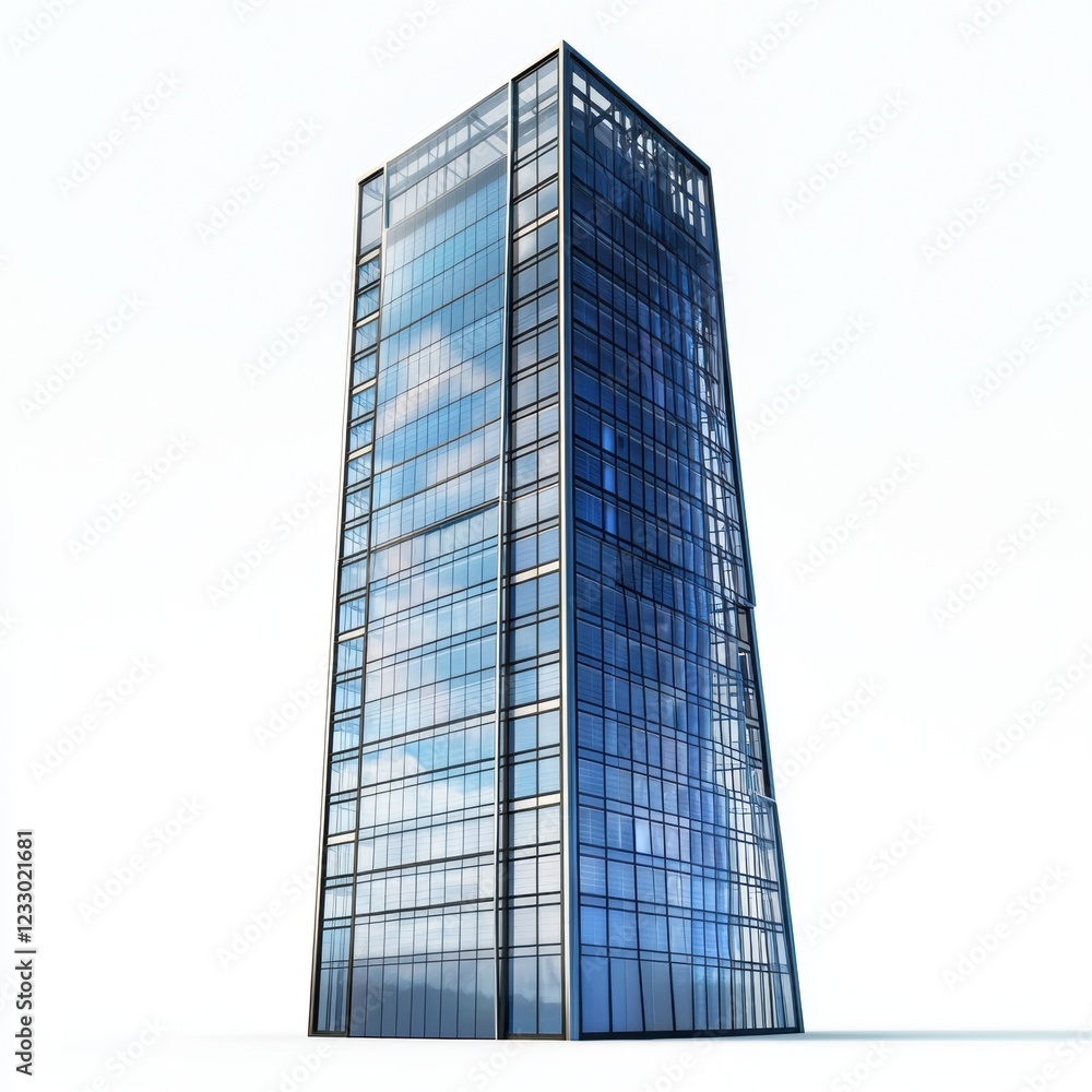 Futuristic transparent solar panel generating energy on a skyscraper, centered on a clean white background