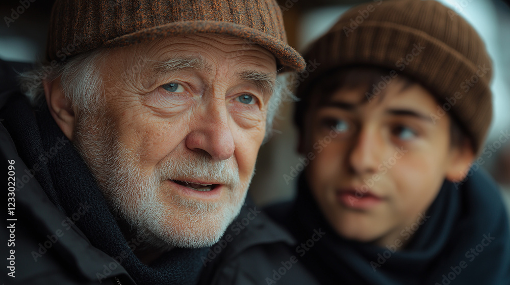 Fototapeta premium Caucasian elderly man and young boy in warm clothing sharing a moment