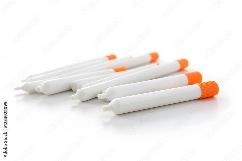 White plastic tubes with orange caps on white background White plastic tubes with orange caps on white background