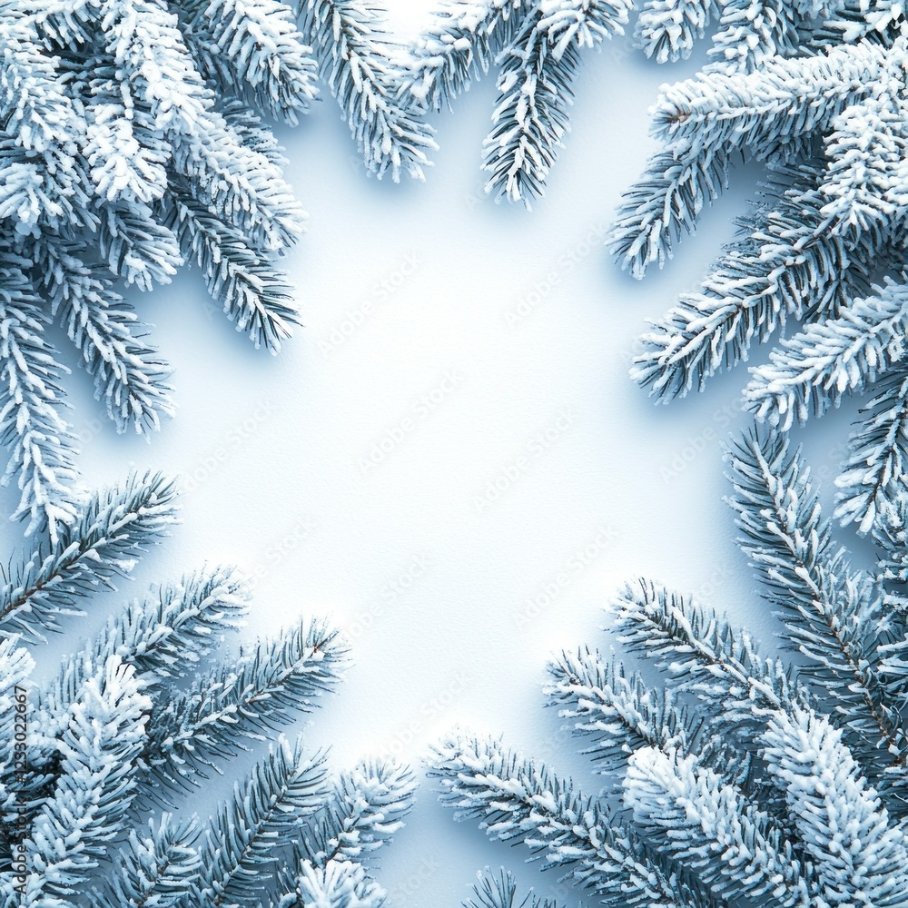 Snowy fir branches frame blank blue background for winter holiday design Snowy fir branches frame blank blue background for winter holiday design