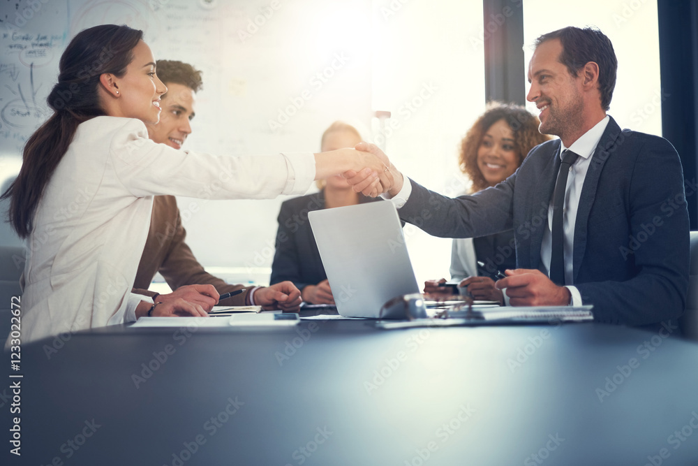 Office, meeting and business people with handshake for agreement, sales partnership and b2b success. Flare, employee and investor with shaking hands for company growth, investment deal and laptop Office, meeting and business people with handshake for agreement, sales partnership and b2b success. Flare, employee and investor with shaking hands for company growth, investment deal and laptop
